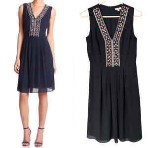 Shoshanna Luna Beaded Mini Dress Women's Size 2 Navy Coral V-Neck Embellished